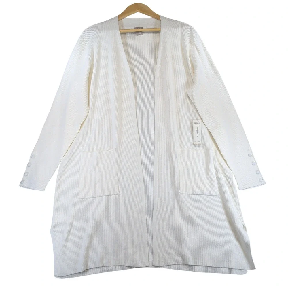 Chicos Ecru Ribbed Two Pocket Cardigan Sweater Size 3 XL New 570298150